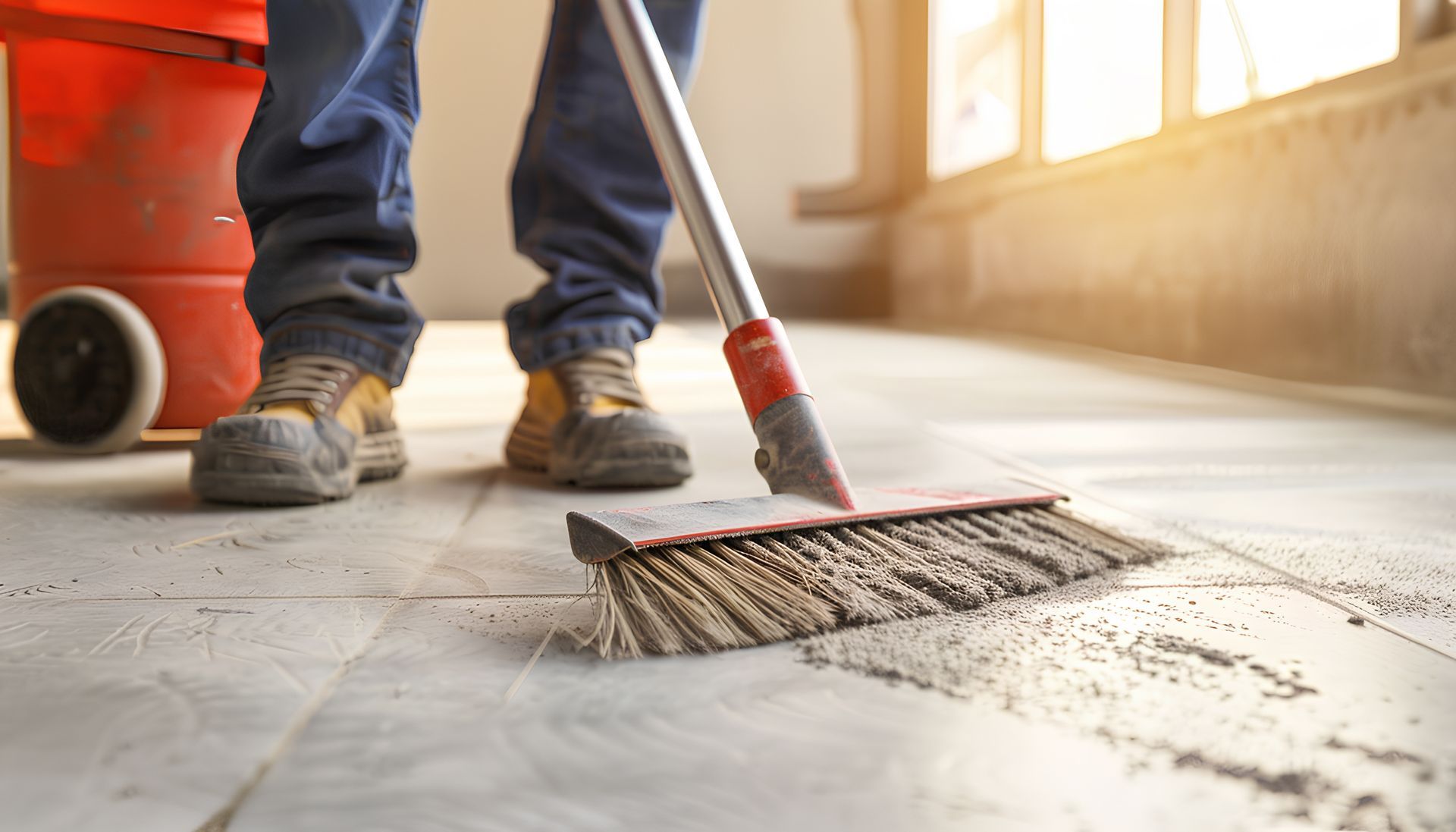 Vue de près de poussière sur le sol d'une pièce en travaux