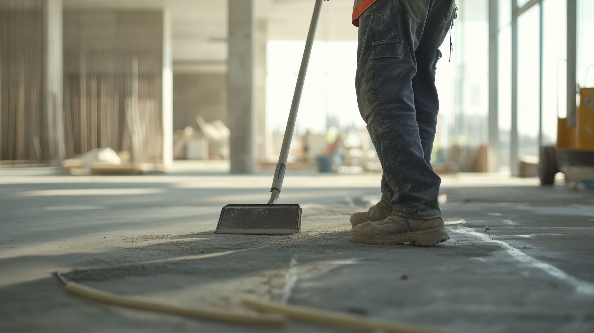 Personne aspirant le sol d'une pièce en travaux