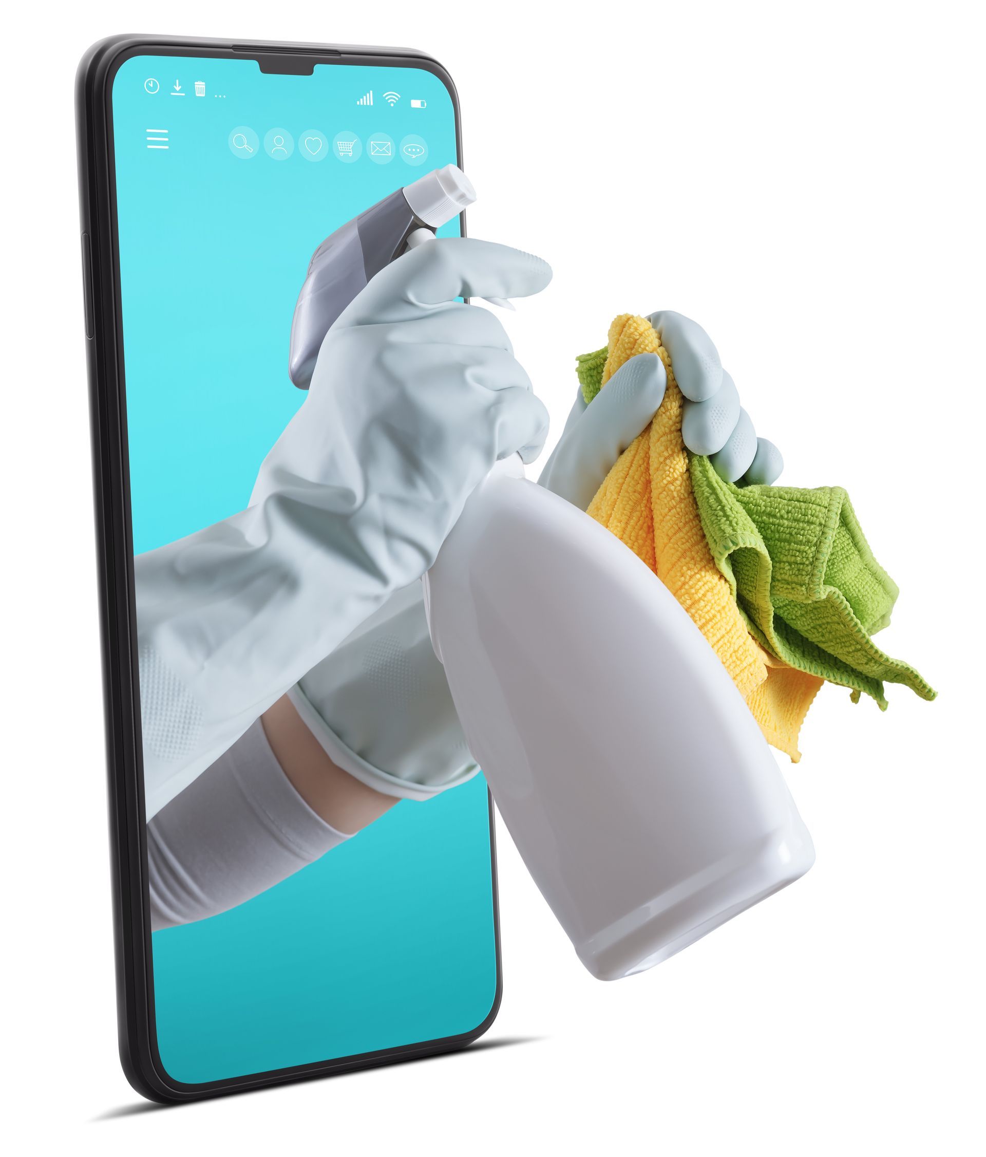 Mains tenant un spray de produit et un chiffon sortants de l'écran d'un smartphone