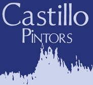 Logotipo de Castillo Pintors: texto blanco sobre fondo azul, con un dise&ntilde;o irregular de color azul claro en la parte inferior.