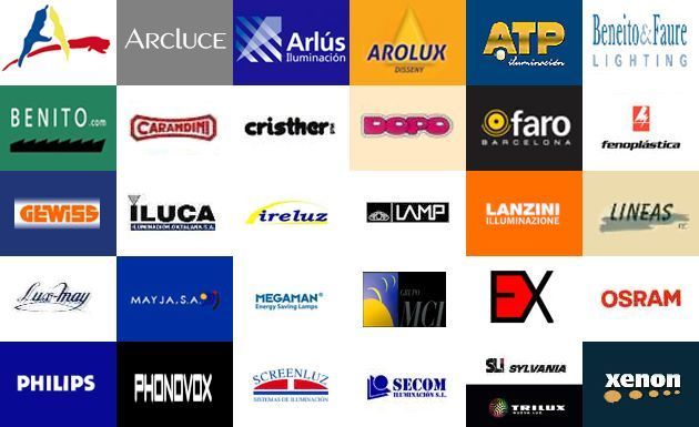 Logotipos de varias marcas de iluminación, incluidas Arcluce, Arolux, Faro, Philips y Osram.