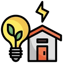 Concepto de energía verde: Una bombilla con una planta creciendo en su interior al lado de una casa con un rayo.