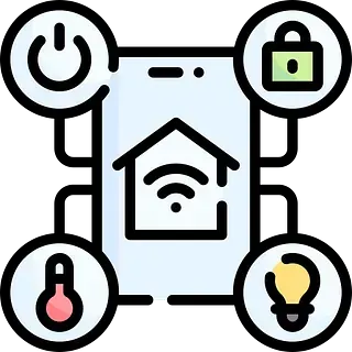 Interfaz de control de hogar inteligente en un smartphone. Muestra una casa con el símbolo de Wi-Fi, rodeada de iconos de control de encendido, bloqueo, temperatura y bombilla.