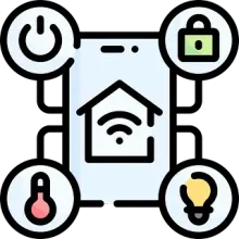 Teléfono inteligente que muestra controles domésticos inteligentes: botón de encendido, bloqueo, bombilla e íconos de termostato conectados a él.