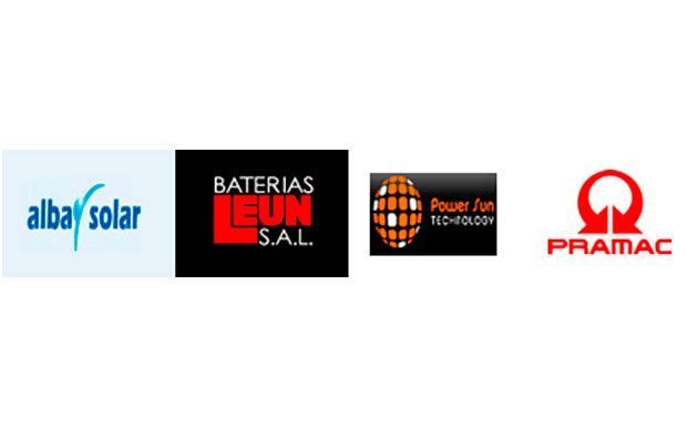 Logotipos de cuatro empresas: albasolar (azul), Baterias Leun SAL (rojo/negro), Power Jun Technology (naranja/negro) y Pramac (rojo).