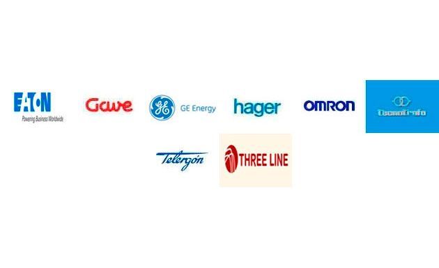 Logotipos de varias empresas eléctricas y tecnológicas, incluidas Eaton, GE, Hager, Omron y otras.