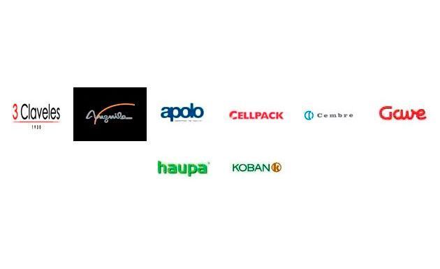 Logotipos de nueve empresas: 3 Cloveles, Amigacina, apolo, CELLPACK, Cimbra, Gawe, haupa y KOBAN.
