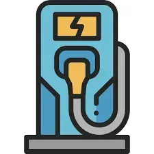 Estación de carga de vehículos eléctricos azul y amarillo con un cable enchufado.