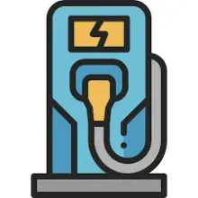 Estación de carga de vehículos eléctricos azul y amarillo con un cable enchufado.