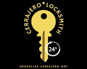 Logotipo negro con una llave amarilla y el texto circular "Cerrajero* Locksmith", además de "Urgencias Cerrajero GMT"