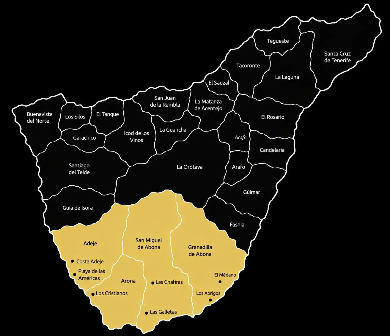 Mapa de los distritos de Andhra Pradesh, con los distritos del sur resaltados en amarillo sobre un fondo negro.
