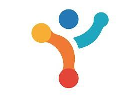 Logotipo abstracto de una persona con el brazo extendido. Cabeza azul, brazo naranja-amarillo y brazo azul.