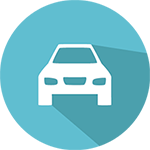 Un icono de coche blanco en un círculo azul con una sombra larga.