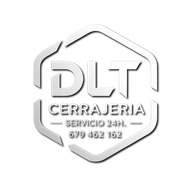 Logotipo para DLT Cerrajeria, con texto y n&uacute;mero de tel&eacute;fono, dentro de un contorno hexagonal.