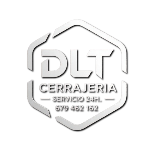 Logotipo para DLT Cerrajeria, con texto y n&uacute;mero de tel&eacute;fono, dentro de un contorno hexagonal.