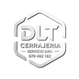 Logotipo para DLT Cerrajeria, con texto y n&uacute;mero de tel&eacute;fono, dentro de un contorno hexagonal.