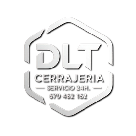 Logotipo para DLT Cerrajeria, con texto y número de teléfono, dentro de un contorno hexagonal.