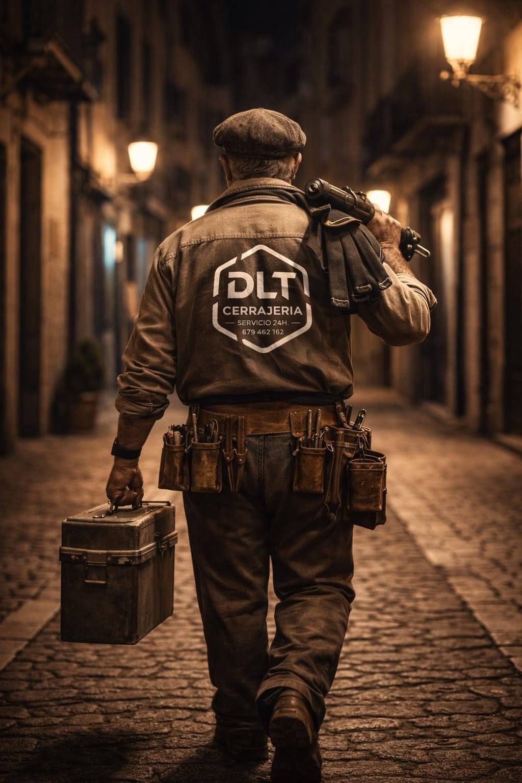 Un reparador camina por una calle adoquinada por la noche, llevando una caja de herramientas