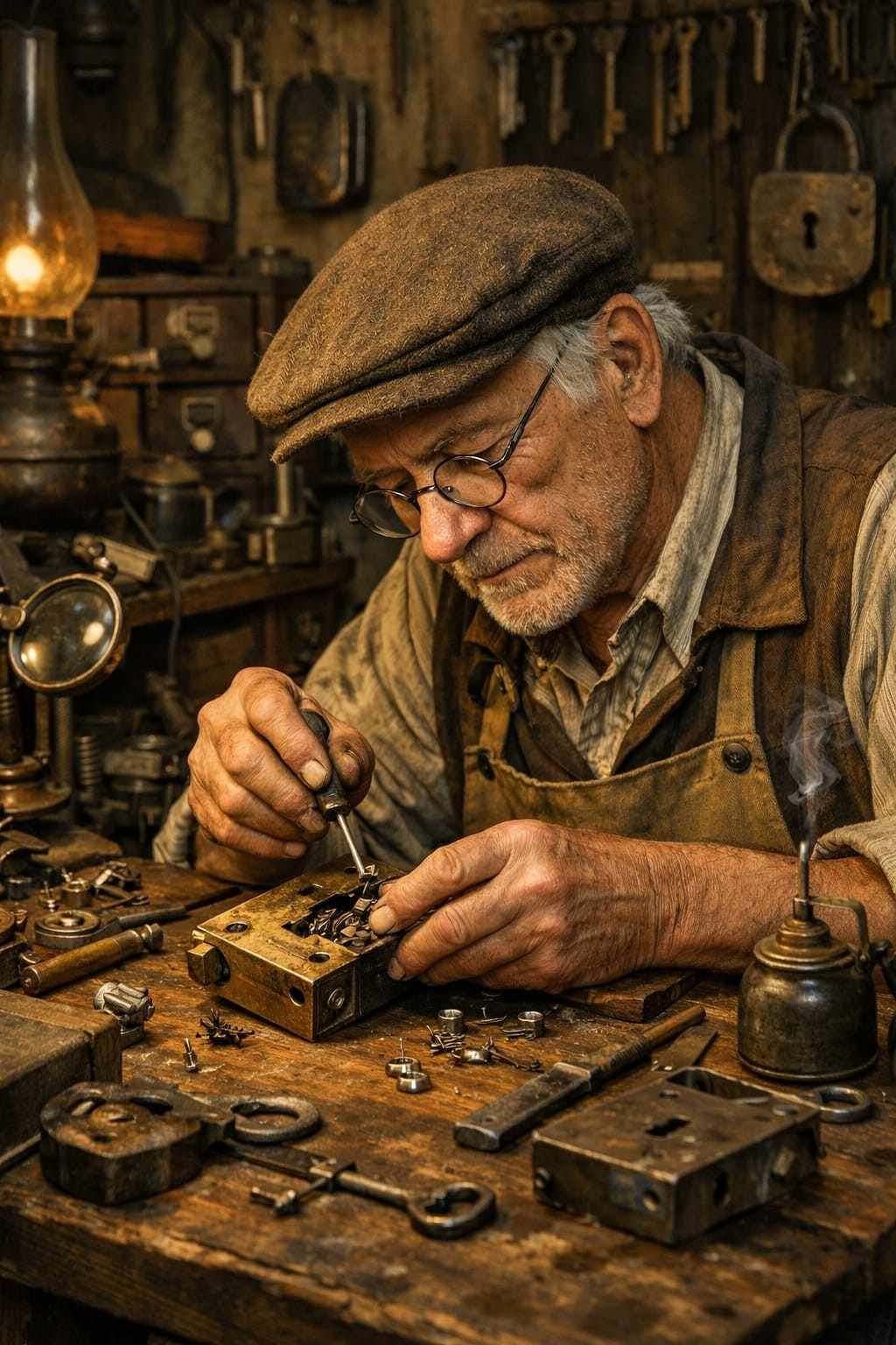 Un cerrajero trabaja en una cerradura en un taller, iluminado por una lámpara. Herramientas