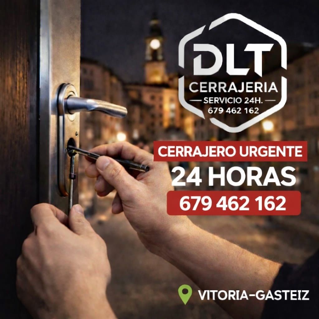 Un cerrajero reparando una cerradura. Anuncio de DLT Cerrajería en Vitoria-Gasteiz: servicio urgente 24 horas.