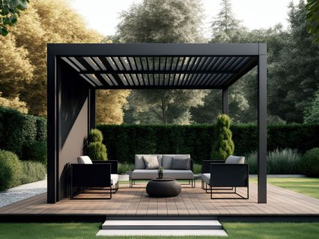 Pergola bioclimatique et salon de jardin