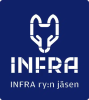 Valkoinen ketunpään muotoinen logo, jossa teksti ”INFRA” ja iskulause ”INFRA ry'n jsen” sinisellä pohjalla