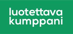 White “luotettava kumppani” text on a green background.