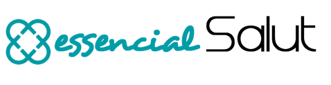 Logotipo para Essencial Salut, con un diseño entrelazado en color verde azulado y un texto "essencial" en color verde azulado junto a un texto "Salut" en color negro.