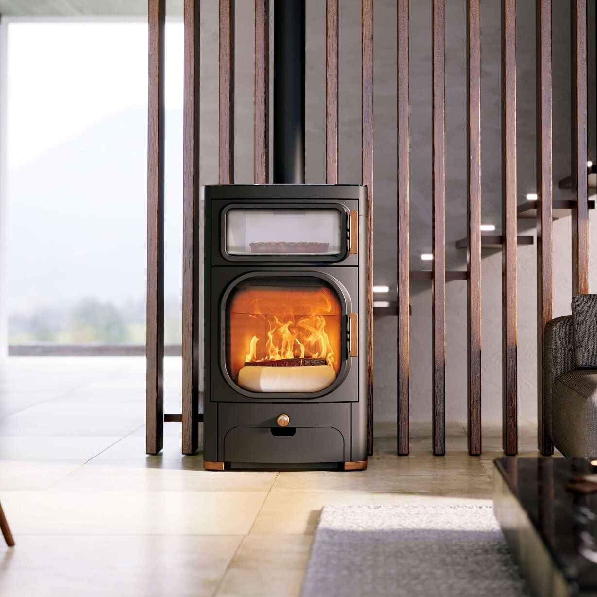 Une grande cuisinière à bois de couleur bordeaux