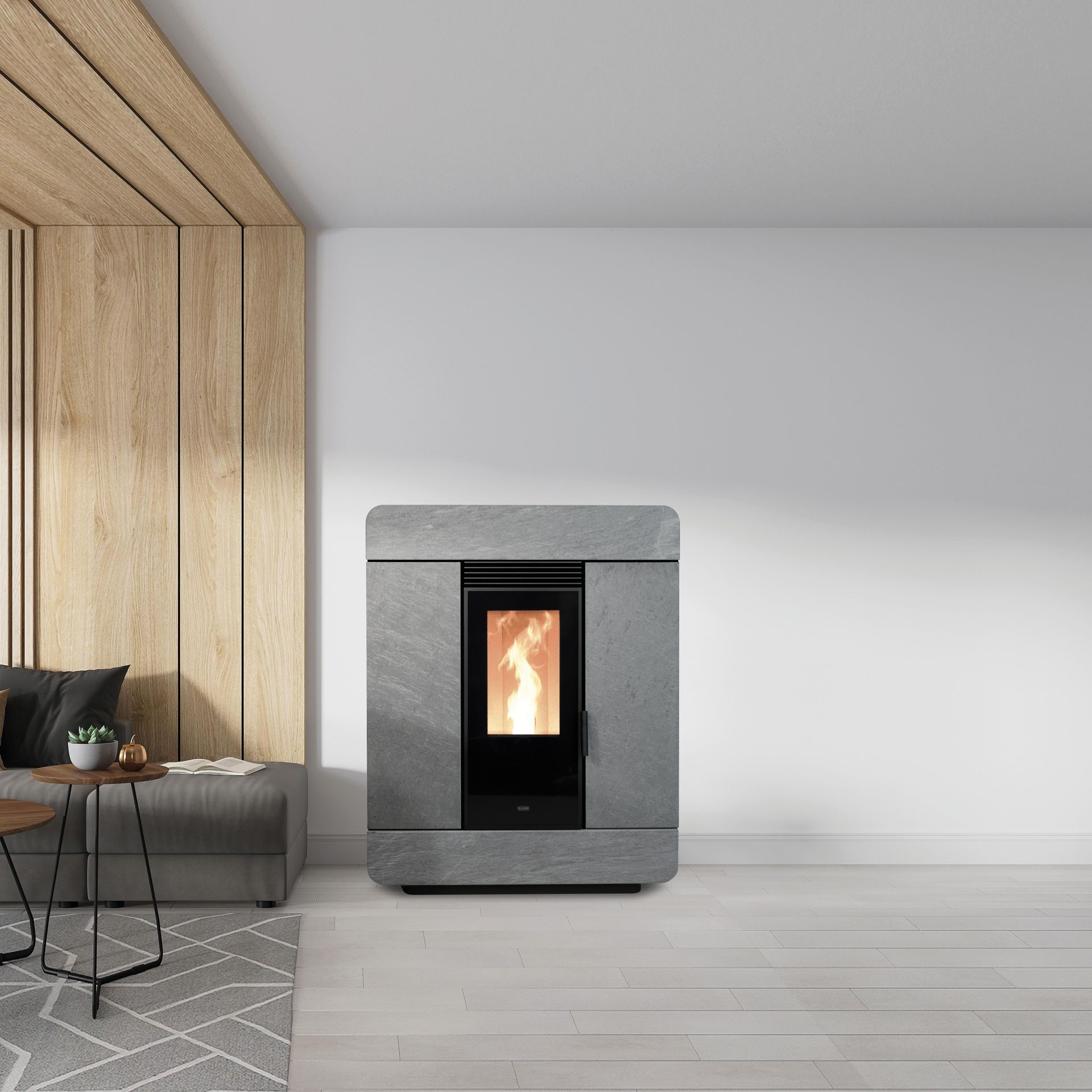 Un poêle à granulés en forme d'armoire de couleur blanche et noire