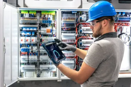 Un técnico con casco azul y gafas de seguridad utiliza una tableta para inspeccionar un panel de control eléctrico abierto.