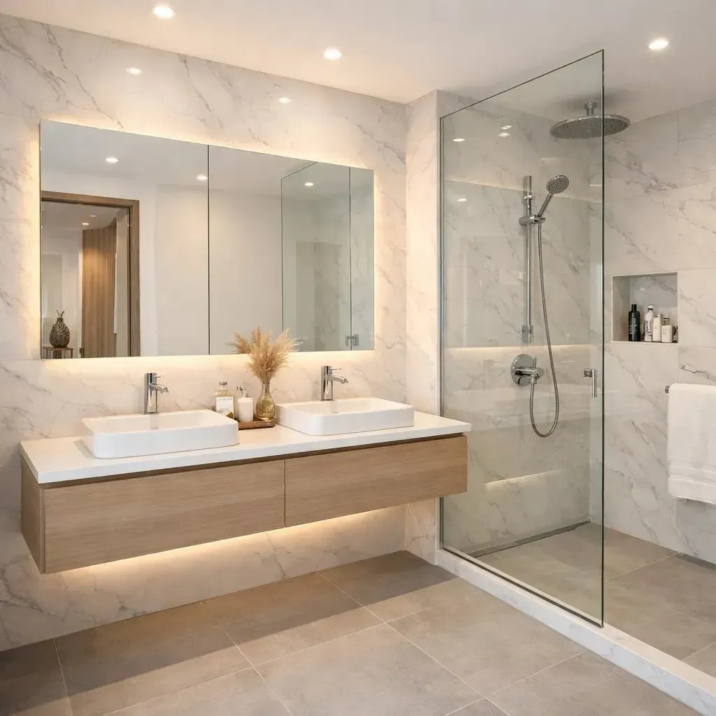 Un baño moderno y bien iluminado que cuenta con un tocador doble de madera, paredes de mármol blanco y una ducha a ras de suelo con mampara de cristal.