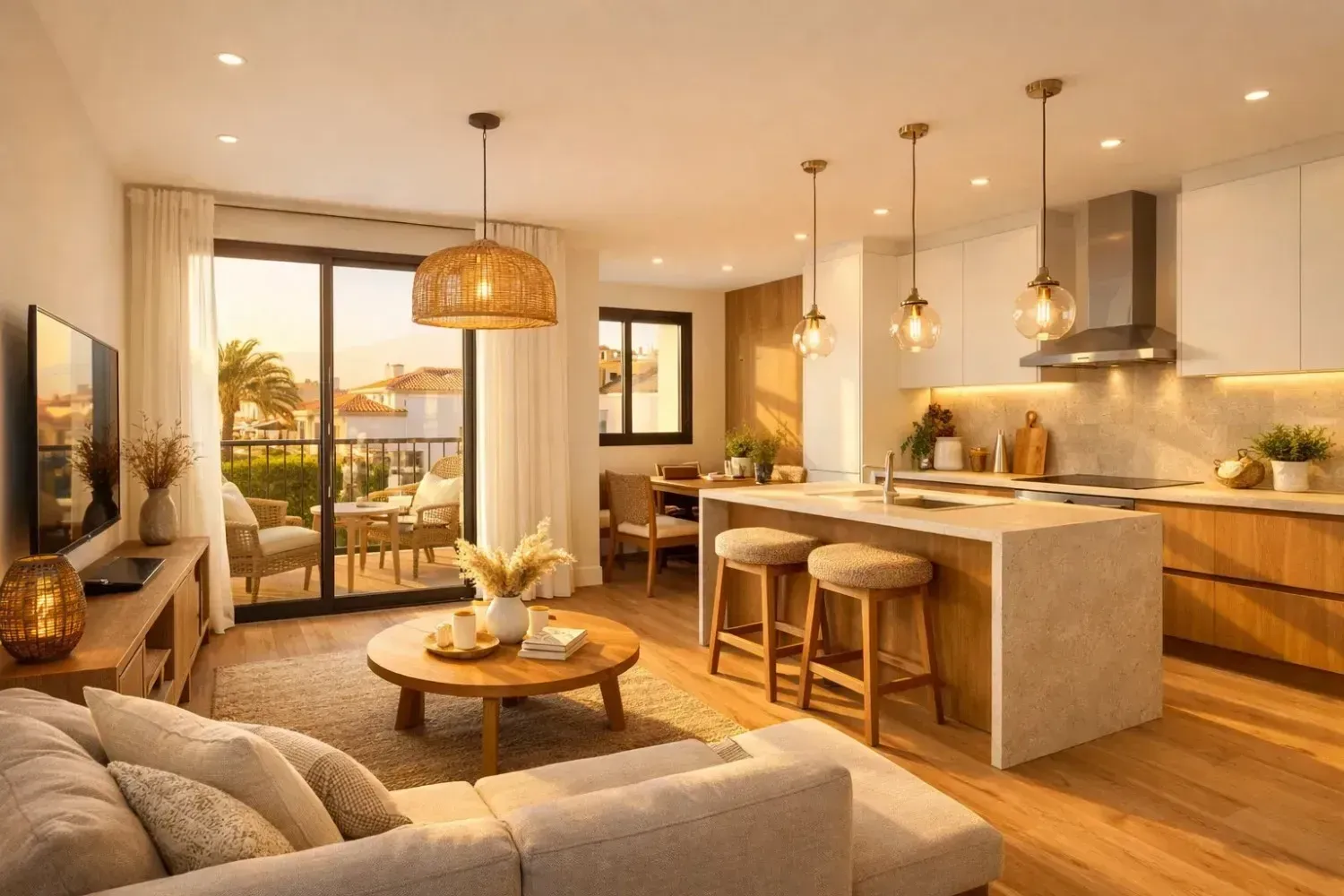 Un luminoso y moderno apartamento diáfano con una acogedora sala de estar, una isla de cocina con taburetes y un balcón con vistas a la puesta de sol.