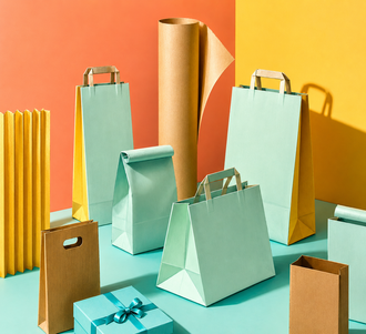 Un dibujo de muchos tipos diferentes de bolsas de papel.