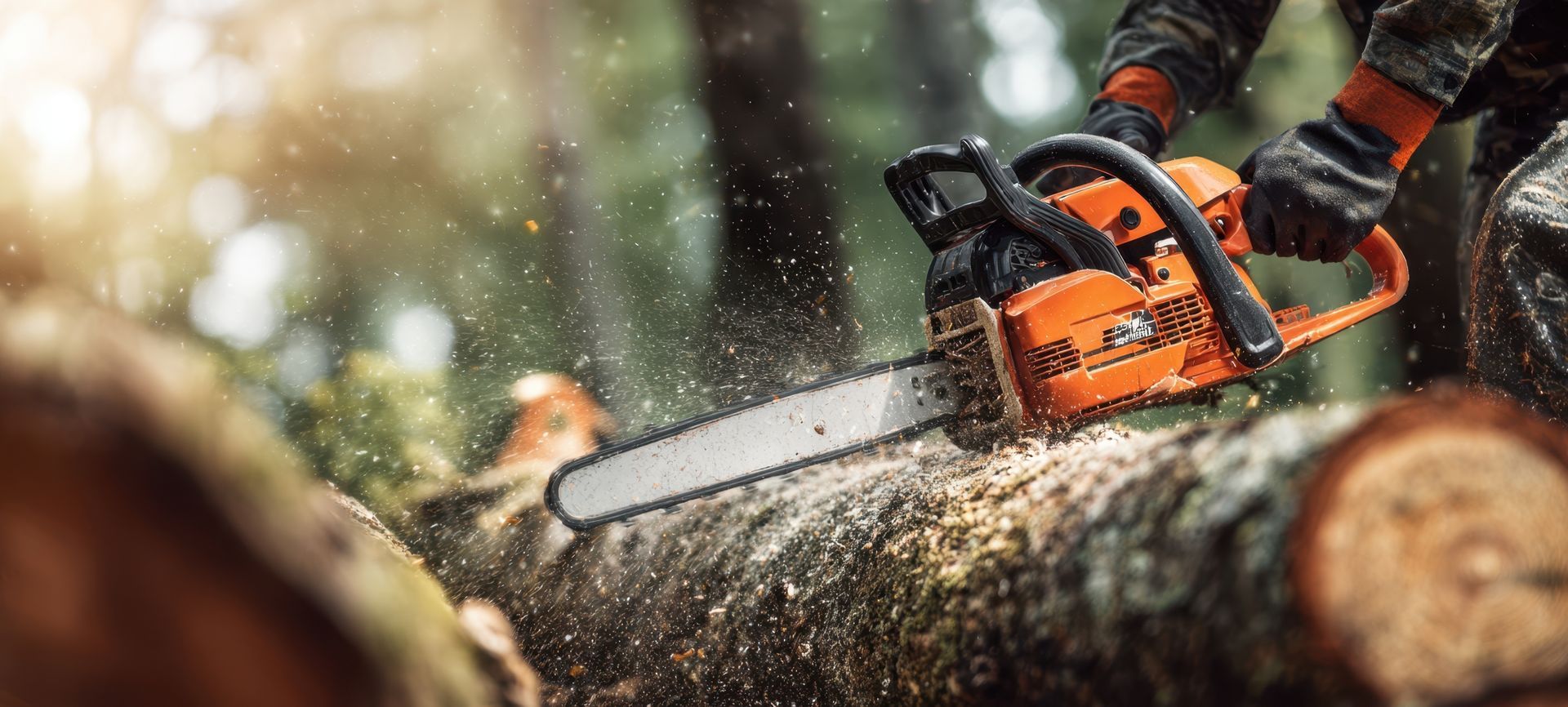 Un ouvrier coupe un tronc d'arbre tombé avec une tronçonneuse orange dans une forêt