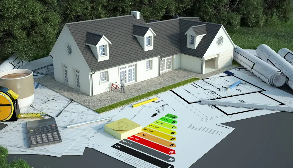 Sobre unos planos arquitectónicos se muestra una maqueta de una casa, acompañada de una calculadora, una taza