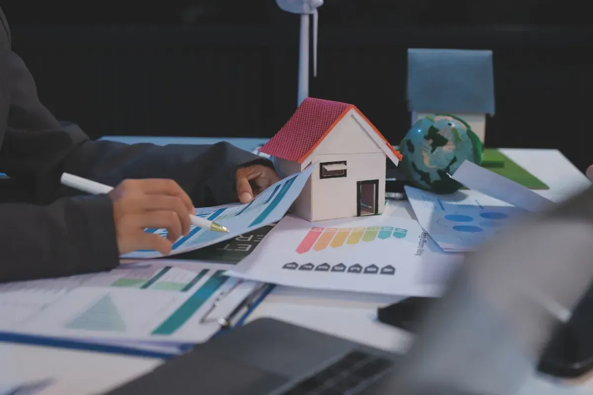 Una persona vestida de traje analiza gráficos financieros junto a una maqueta de una casa en miniatura