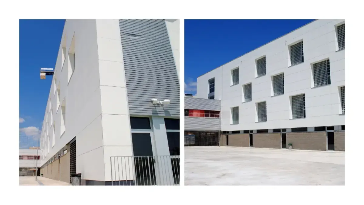 Dos vistas de un edificio moderno de color blanco con grandes ventanas rectangulares, una fachada metálica gris