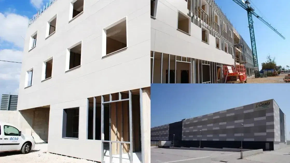 Un collage que muestra tres vistas de una obra en construcción con paneles blancos, estructura metálica