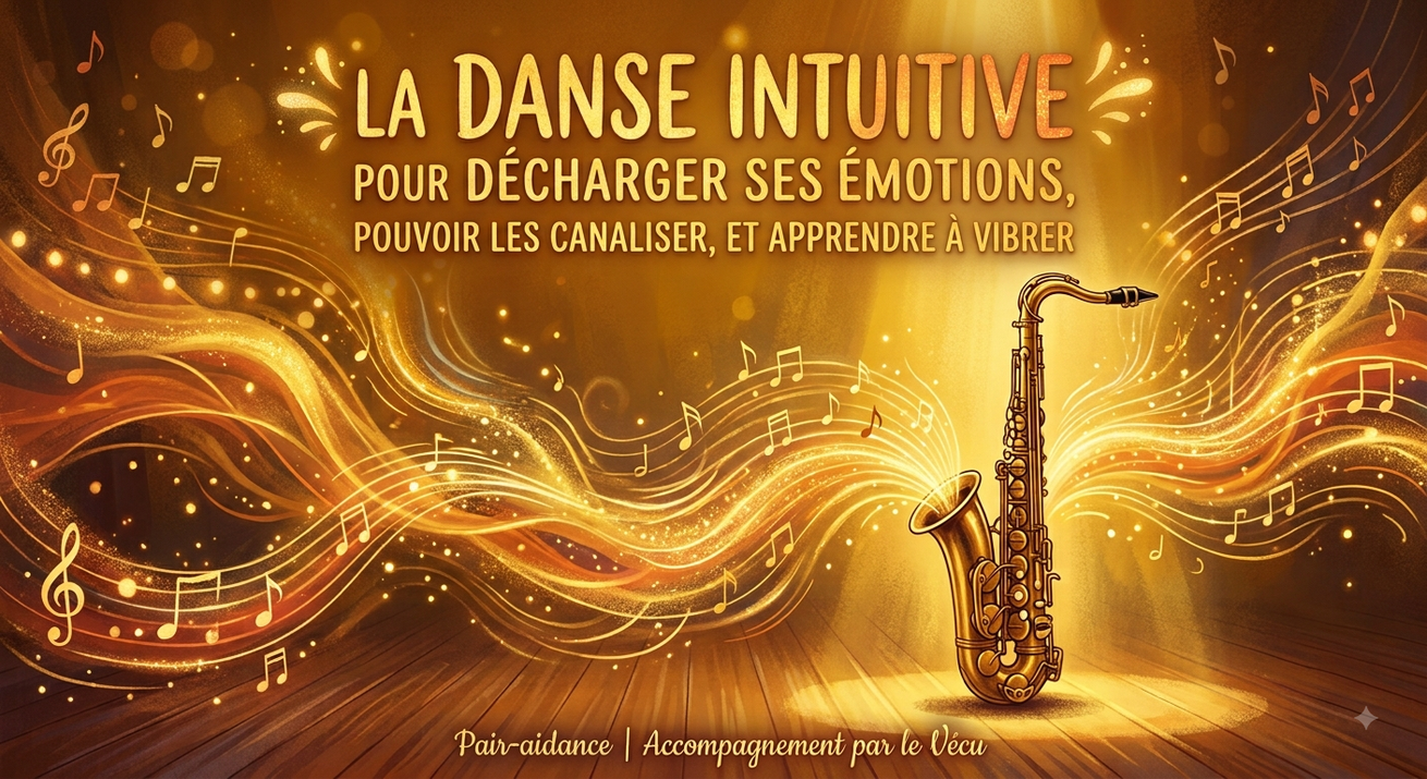 Affiche La danse intuitive avec silhouette dansante et vagues lumineuses.