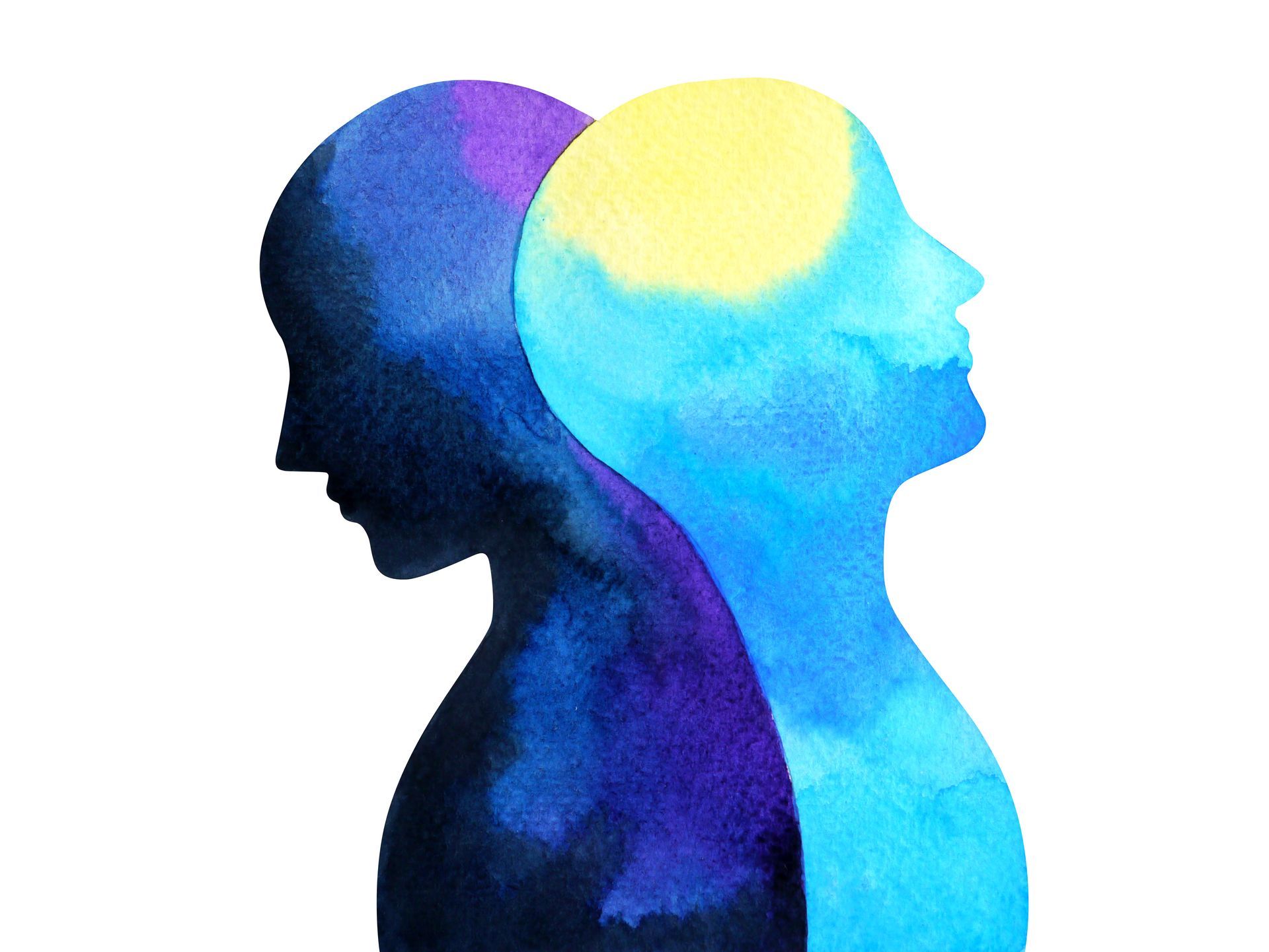 Deux profils humains superposés, dans des tons, se faisant face dans des directions opposées.
