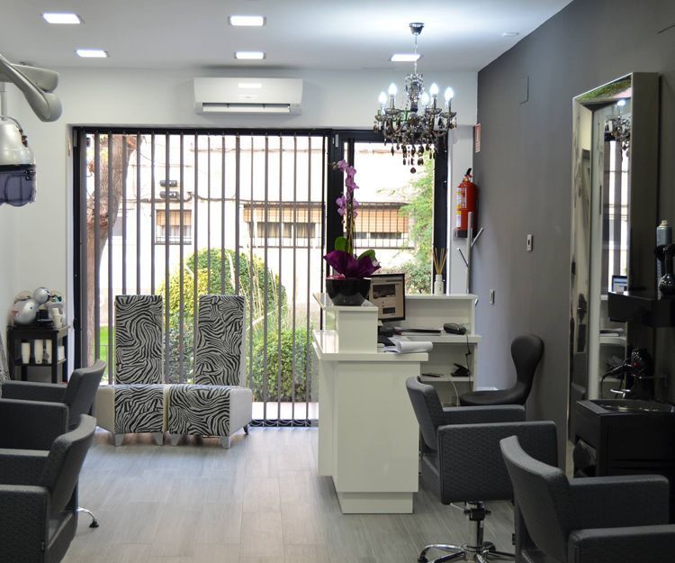 El interior de una peluquería con sillas y un mostrador.