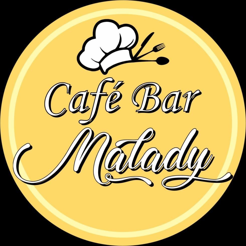 Logotipo para Caf&eacute; Bar Malady: c&iacute;rculo amarillo con texto y gorro de chef, cuchillo y tenedor.
