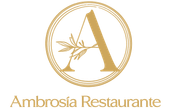 Logotipo dorado con la letra A, un dise&ntilde;o de hoja y el texto "Ambros&iacute;a Restaurante" sobre un fondo blanco.
