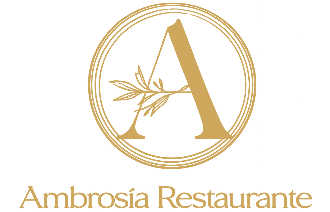 Logotipo dorado con la letra A, un dise&ntilde;o de hoja y el texto "Ambros&iacute;a Restaurante" sobre un fondo blanco.