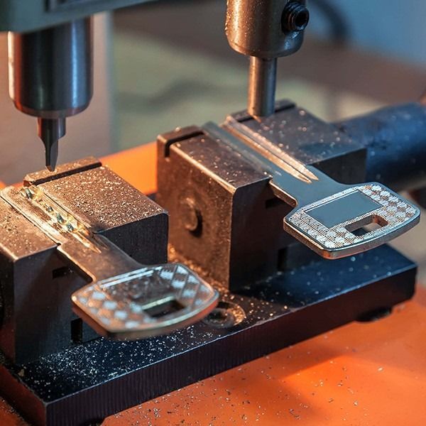 Se está cortando una llave en una máquina sobre una mesa.