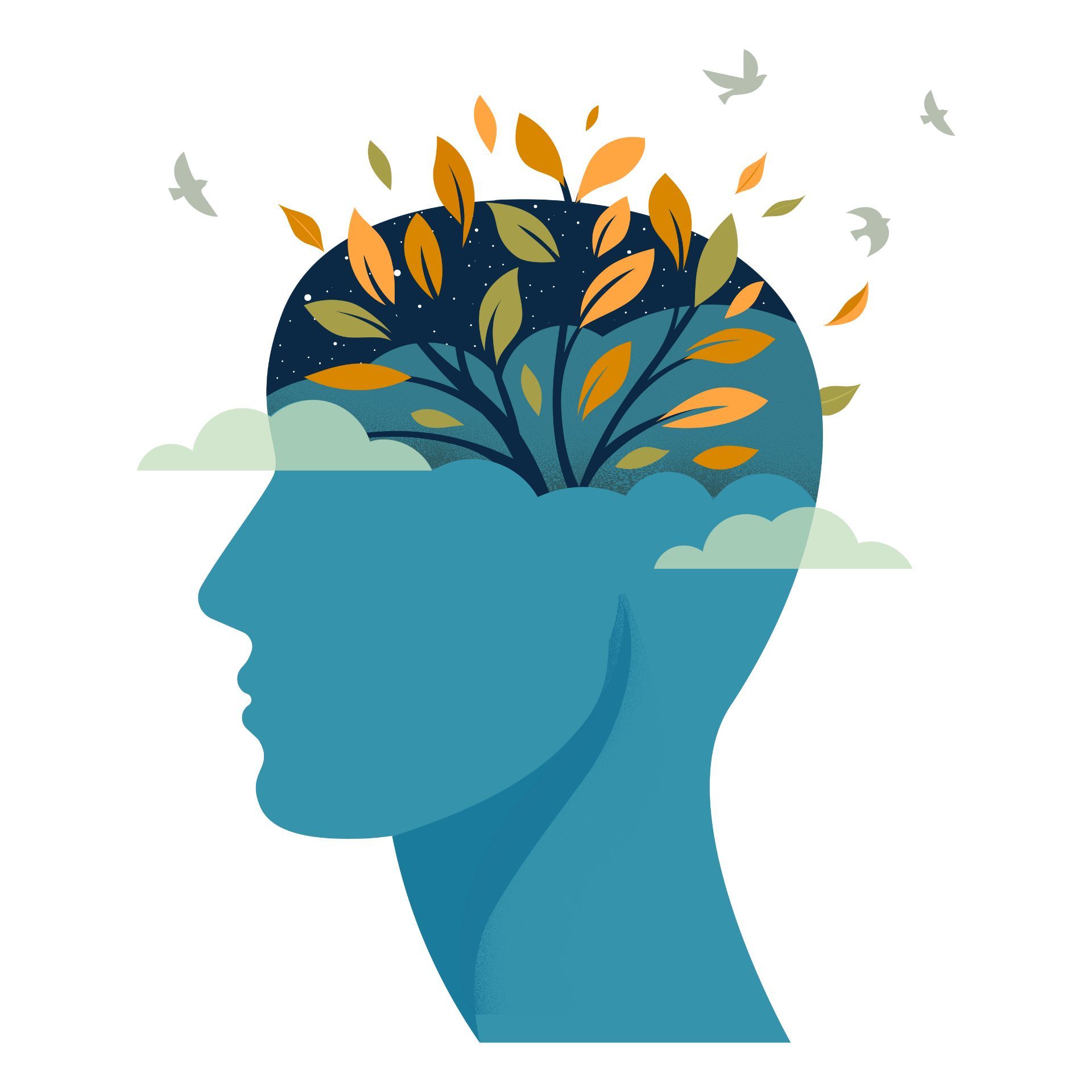 Una silueta de la cabeza de una persona con un árbol creciendo de ella.