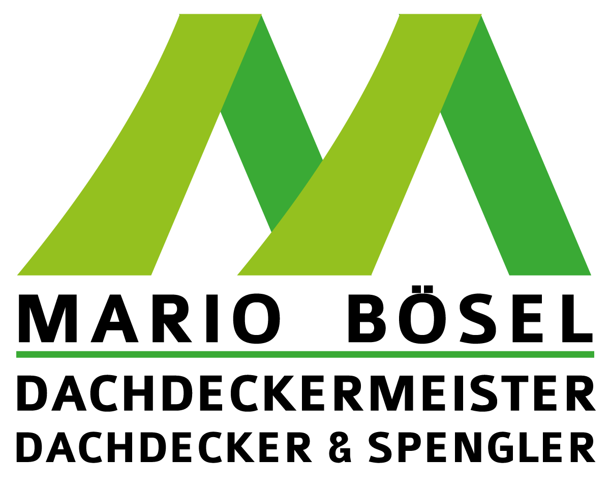 Logo f&uuml;r Mario B&ouml;sel, ein Dachdeckerunternehmen, mit einem gr&uuml;nen &bdquo;M&ldquo; &uuml;ber dem Text.