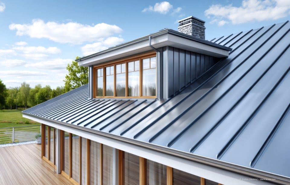 Metalldach mit Dachgaube und Schornstein, Holzfenster vor blauem Himmel.