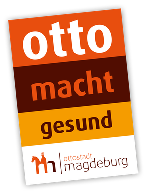 Orange and brown “otto macht gesund” poster with a Magdeburg city logo